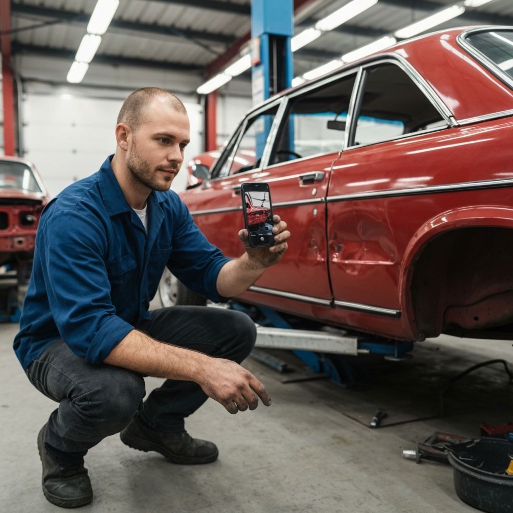 Person photographing car damage at an auto body shop