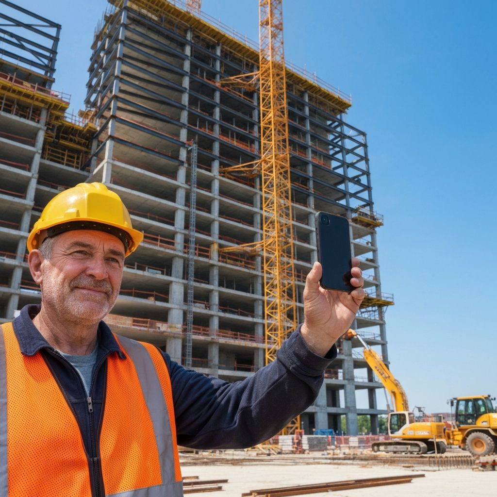 Construction worker taking a photo on a job site