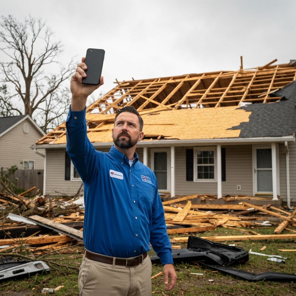Inspector photographing tornado damage to a house
