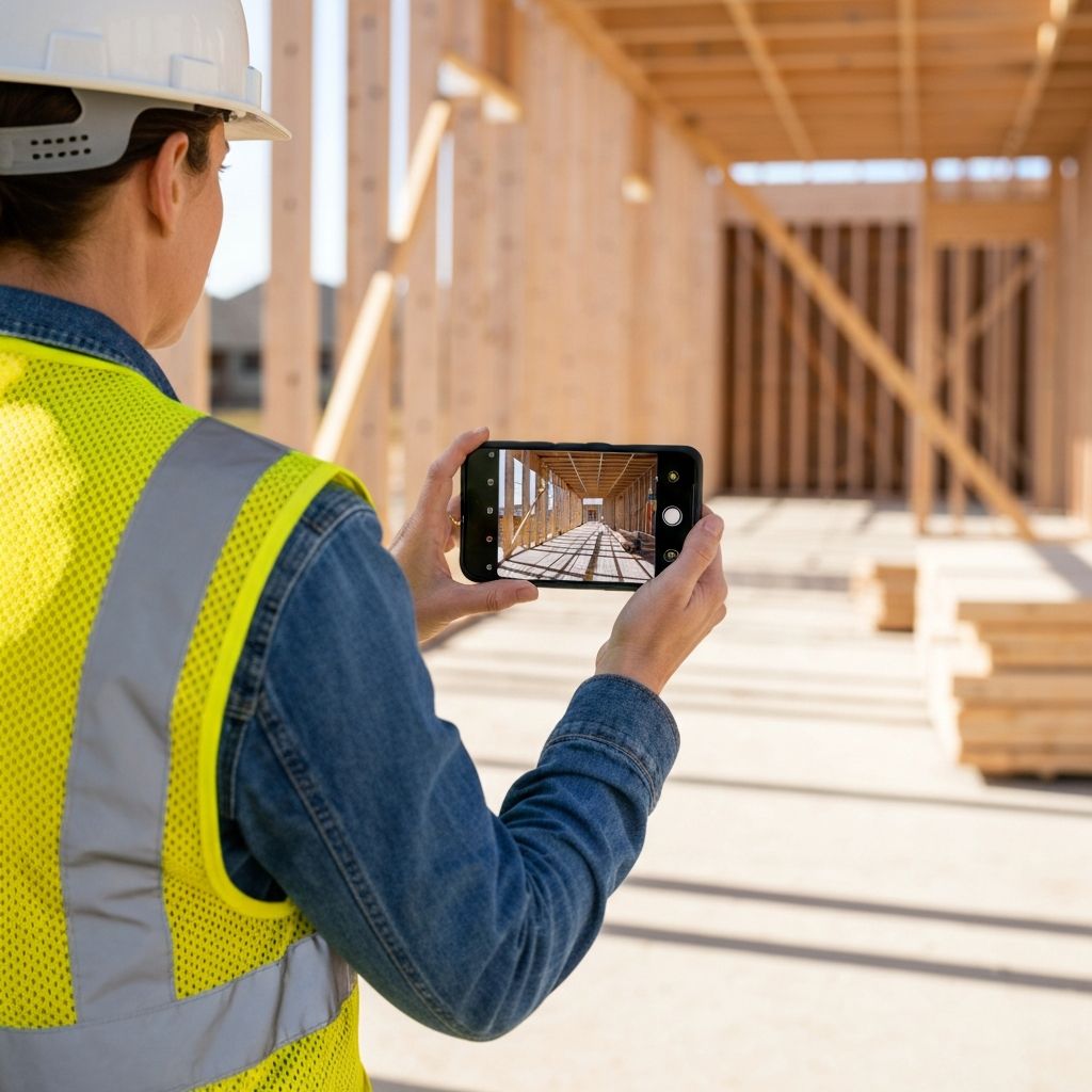 Construction superintendent recording job site progress with phone