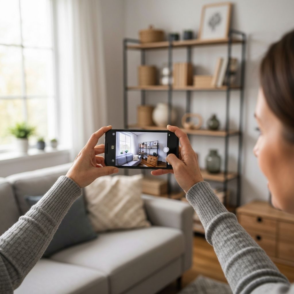 Homeowner creating home inventory with phone in landscape mode