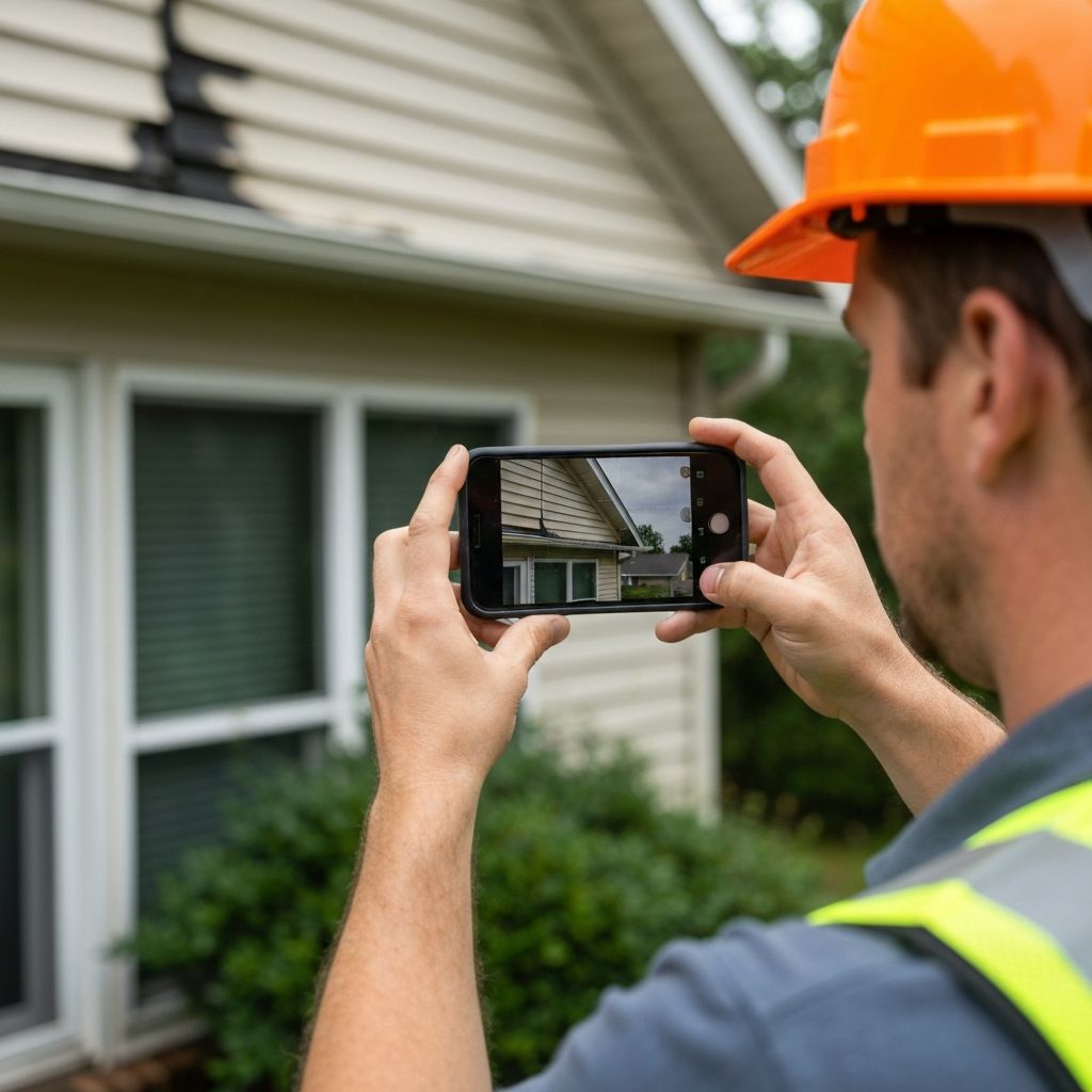 Insurance adjuster documenting damage with phone in landscape mode