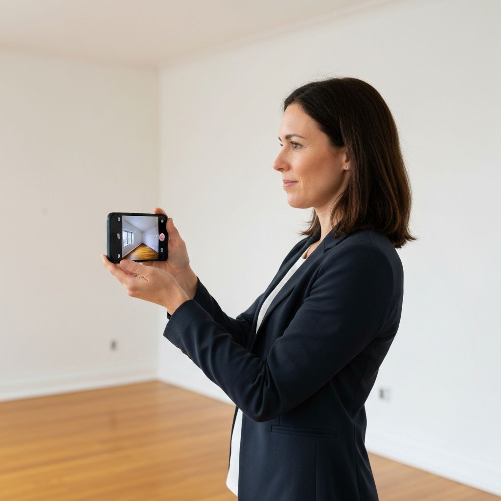 Property manager documenting apartment with phone in landscape mode