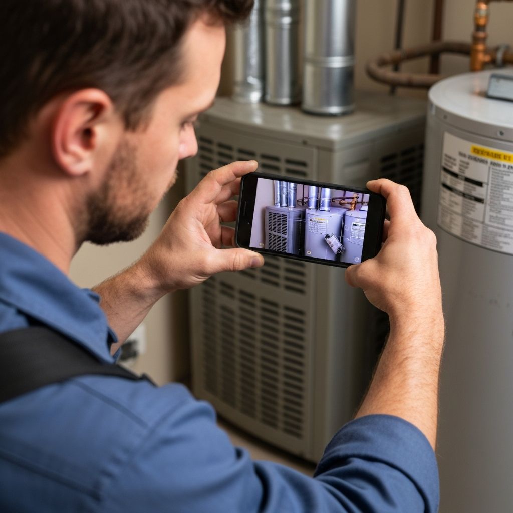 HVAC technician documenting service call with phone in landscape