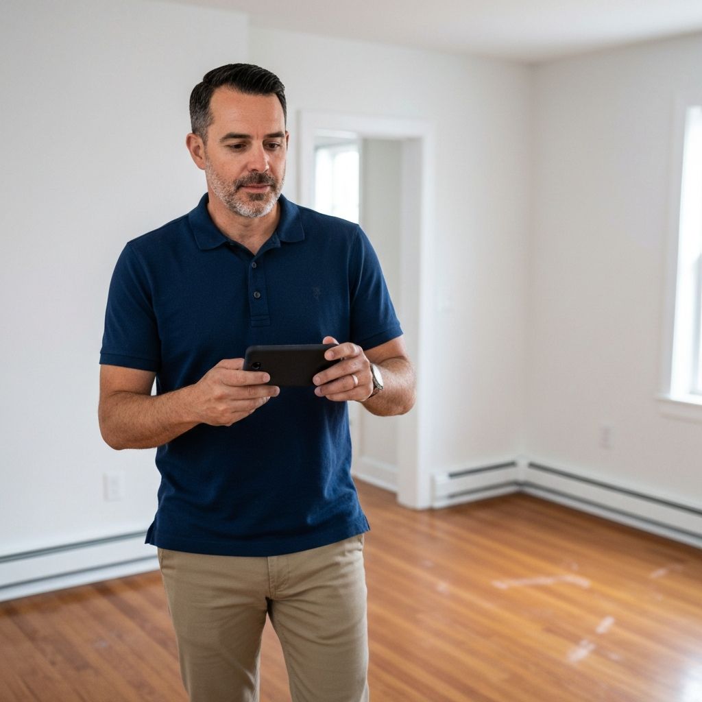 Person walking through apartment recording video on smartphone